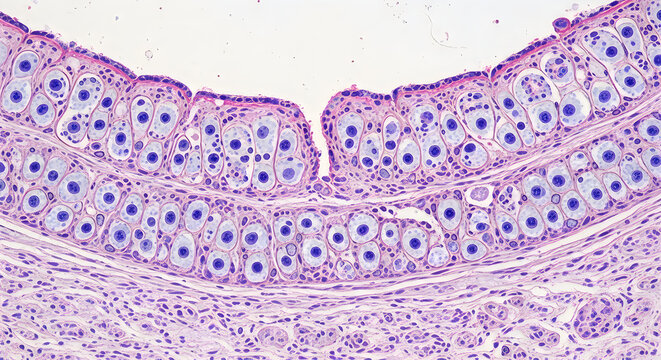 Microscopic image of healthy human intestinal villi with epithelial cells, stained histology slide, medical science