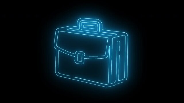 Neon-lit outline of a briefcase against a black background with a glowing blue effect.