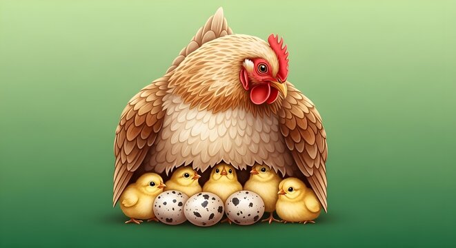 Hen covering chicks and speckled eggs with her wings chicken baby animals