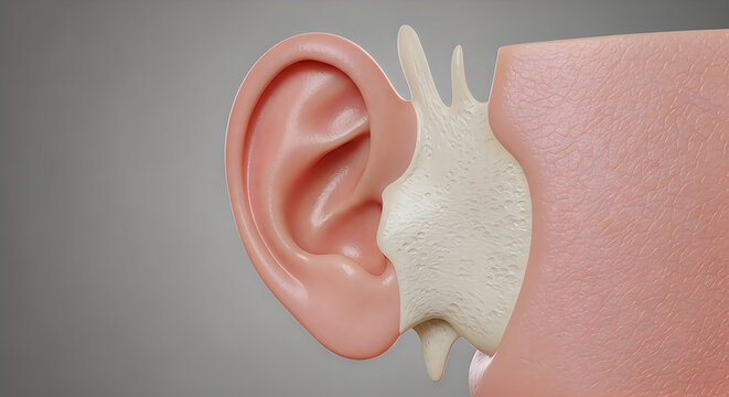 3d render of a human ear with wax buildup, medical illustration, detailed ear anatomy, healthcare education