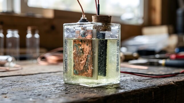 Homemade chemical battery cell features submerged copper and carbon electrodes inside a glass jar filled with an electrolytic liquid solution