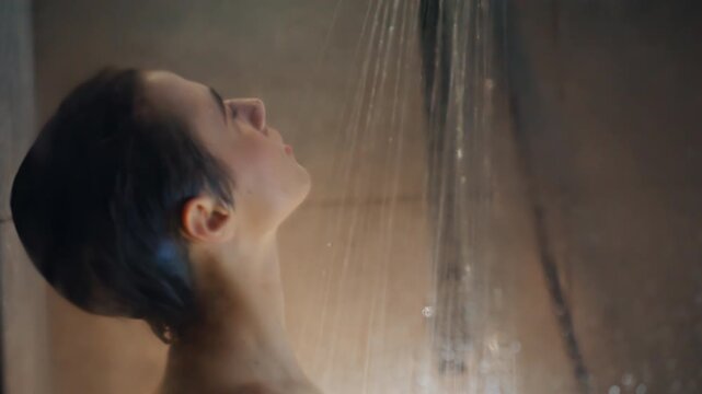 Carefree brunette dancing spa room portrait. Closeup girl showering washing hair
