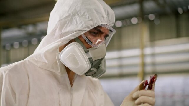 Protective suit respirator mask safety goggle worker industrial hazardous contamination factory sanitation biohazard lab inspection, hazmat glove blood injury check, laboratory scientist sample