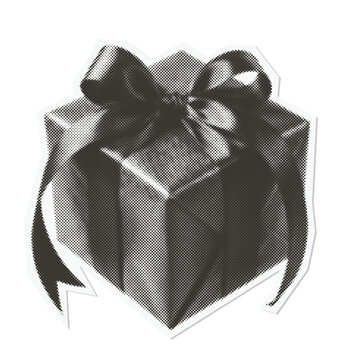 Gift box with ribbon - retro halftone paper cutout element. Trendy vintage collage design element.