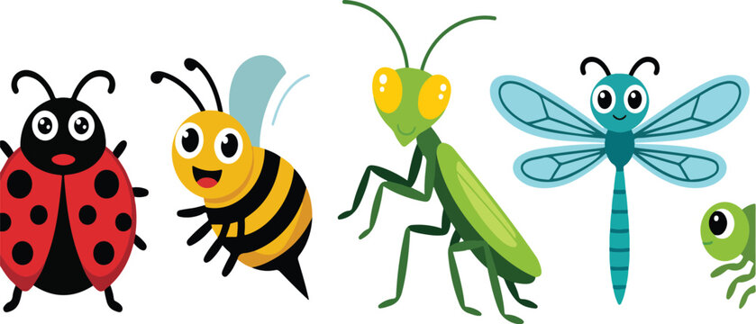 Set of cute insects in simple children flat style featuring mosquito, caterpillar, wasp, ladybug, mantis, dragonfly and grasshopper