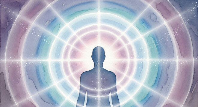 Spiritual Protection And Inner Strength Human Silhouette With Luminous Energy Shield Watercolor Illustration JPG