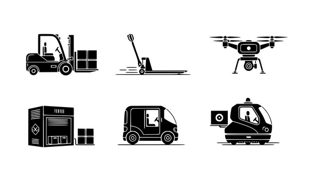 Logistics automation icon collection with forklift pallet jack robot drone and autonomous delivery systems isolated vector