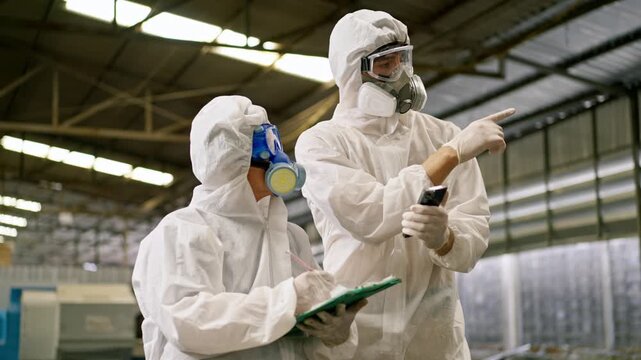 Industrial worker hazmat suit protective clothing respirator safety inspection factory warehouse scene, workers wearing protective suit and respirator mask with safety goggle during inspection