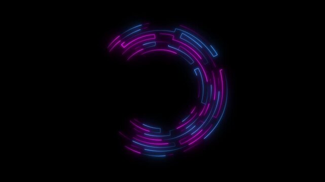 Circular Neon Light Segments Forming a Ring with Pink and Blue Glow on Black abstract