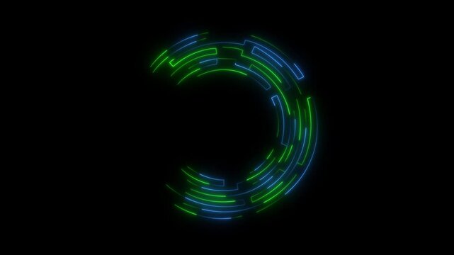 Abstract Circular Neon Light Segments in Blue and Green Forming a Ring on Black image photo