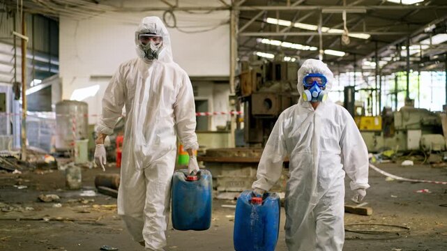 Hazmat suit respirator and gas mask toxic chemical contamination factory, two workers protective suit coverall with glove carry container through industrial warehouse debris hazardous waste scene