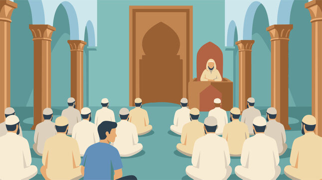 Muslim men attending a religious sermon or prayer in a mosque