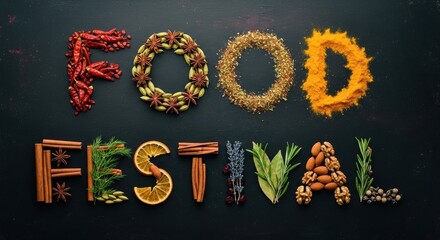 Naklejka premium Food festival lettering made with organic spices herbs nuts and dried fruits on dark background