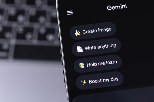 Google Gemini mobile app on a screen smartphone iPhone closeup. Gemini is an AI assistant from Google. Batumi, Georgia - March 19, 2026