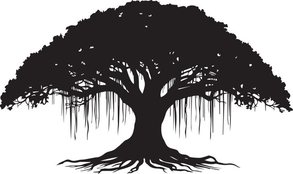 Black solid silhouette illustration of a large banyan tree on transparent background with thick textured roots and hanging aerial roots