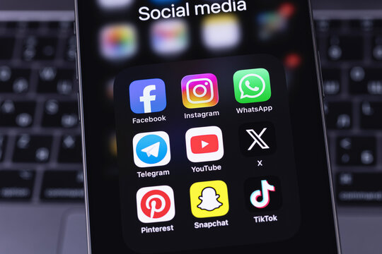 smartphone iPhone and mobile social media icon apps Facebook, Instagram, WhatsApp, Telegram, YouTube, TikTok, Snapchat, X, Pinterest. Batumi, Georgia - March 19, 2026