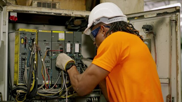 Electrician electrical panel circuit breaker wiring maintenance industrial factory, technician safety helmet hard hat and glasses repairing electrical panel, checking circuits for electrical safety