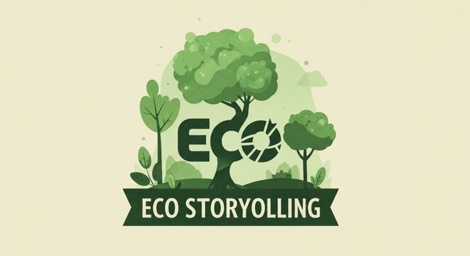 Eco friendly storyolling logo with green trees and recycling symbol on beige background