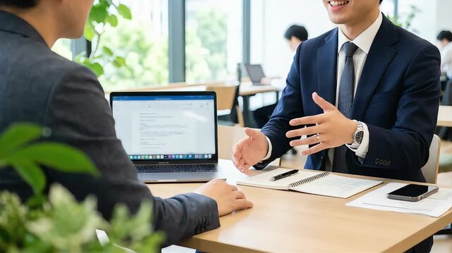 カフェのような空間で商談や打ち合わせを行う二人のビジネスマン