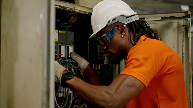 Electrician technician performing electrical panel maintenance with safety wiring inside industrial control cabinet, wearing hard hat and glasses, industrial worker repairing panel wiring factory
