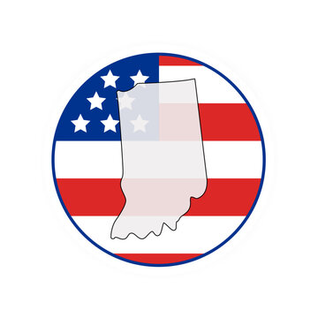 Indiana state map over USA flag badge. Indiana state map silhouette overlaid with the United States flag.