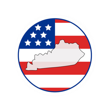 Kentucky state map over USA flag badge. Kentucky state map silhouette overlaid with the United States flag.