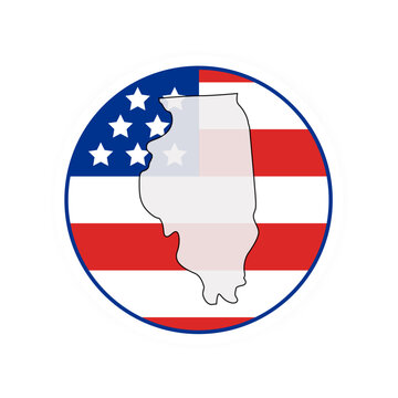 Illinois state map over USA flag badge. Illinois state map silhouette overlaid with the United States flag.