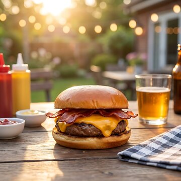 A delicious bacon cheeseburger with melted cheese and crispy bacon on a wooden table.