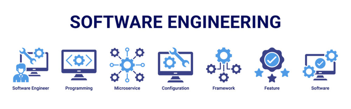 Software Engineering devops banner with programming,architecture and microservices icons for modern software system design