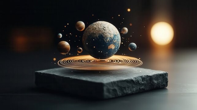 Floating solar system projected from ancient stone tablet, myth meets science theme