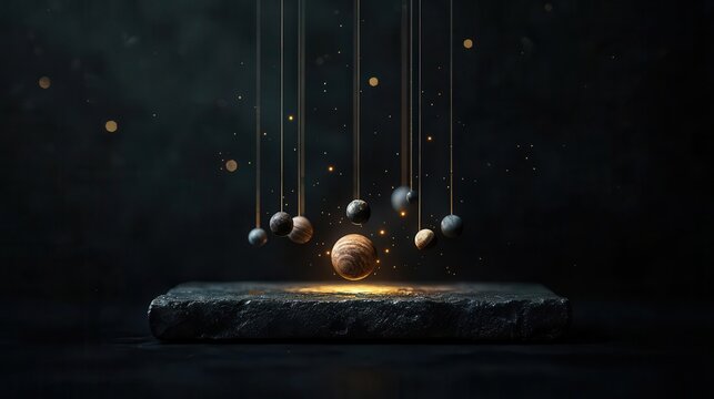 Floating solar system projected from ancient stone tablet, myth meets science theme