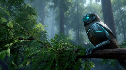 Cyborg owl perched on tree branch in misty forest with glowing blue eyes