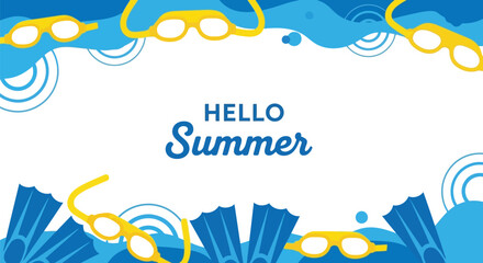 Hello Summer Vector Banner with Swimming Goggles and Flippers in Blue and Yellow Colors © azad