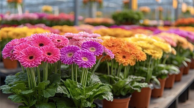 Colorful potted gerbera daisies in various shades of pink, purple, orange, and yellow growing on shelves within a commercial greenhouse, showcasing horticulture and floriculture