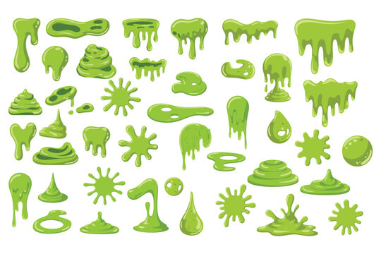 A collection of green slime splatters and drips isolated on white background, Vector