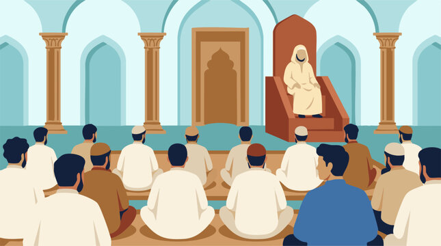Muslim men attending religious sermon in mosque with Imam on minbar