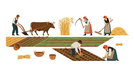 Fototapeta premium Farmers working in a field with a cow, planting and harvesting crops in a traditional agricultural setting