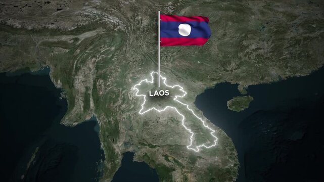 Laos Map Animation with 3D Waving of Laos National Flag and Glowing Border Animation on World Map