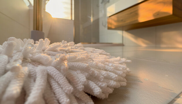 A white microfiber mop head lies on a wooden floor in a bathroom during cleaning.