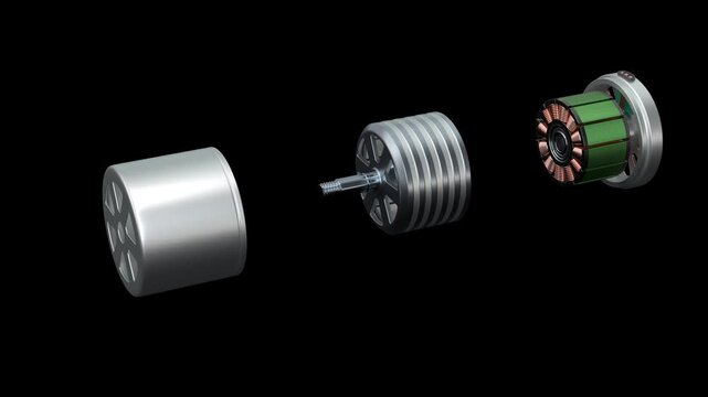 The brushless motor is gradually assembled from its internal components into a single unit. Brushless motor design. 3d animation isolated on black