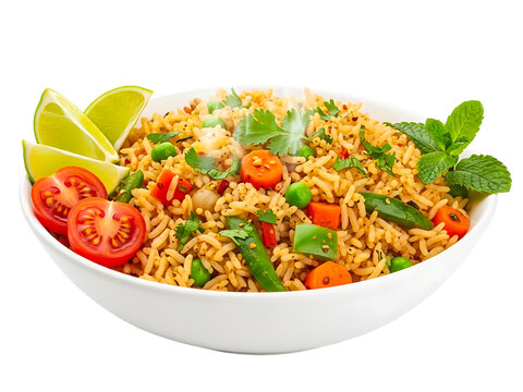 Indian fried rice pilaf served in a white bowl with lime wedges, cherry tomatoes, and mint leaves, flavorful and aromatic.