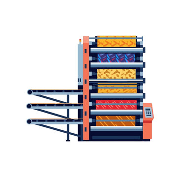 Automated textile printing machine with rolls of patterned fabric on shelves