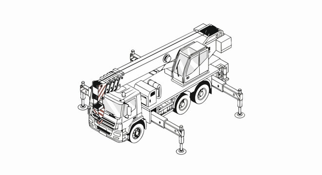 Isometric Line Art Illustration of a Mobile Crane Truck with Extended Outriggers