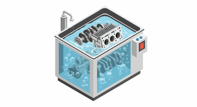 Isometric Industrial Ultrasonic Cleaner with Automotive Engine Parts, Professional Machine for Cleaning Cylinder Block and Crankshaft