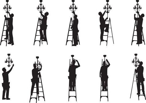 Electrician installing chandelier on transparent background vector icon set
