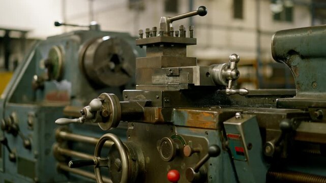 Lathe machine metalworking machine tool in industrial factory workshop manufacturing engineering, closeup heavy duty lathe controls, levers, tool post for machining and production with steel equipment