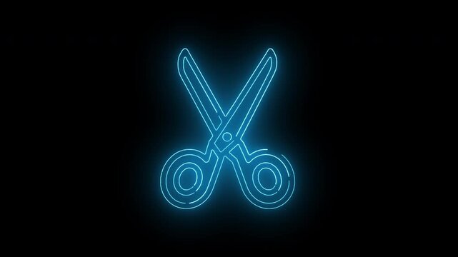 Neon blue scissors on a black background with a glowing effect.