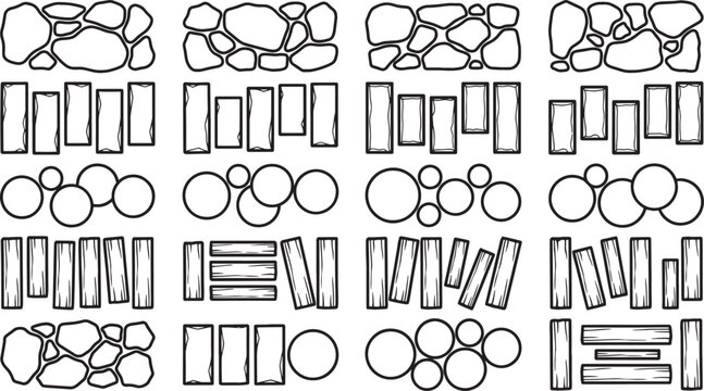 A set of diverse geometrical forms creating a pattern, ideal for architectural and design concepts, emphasizing structure and texture.