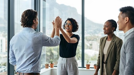 Obraz premium Two business colleagues happily high fiving each other at their office desk