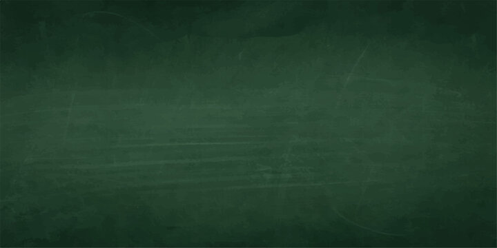 Blank green chalkboard with a dark grunge texture and aged vintage pattern on an empty textured wall backdrop